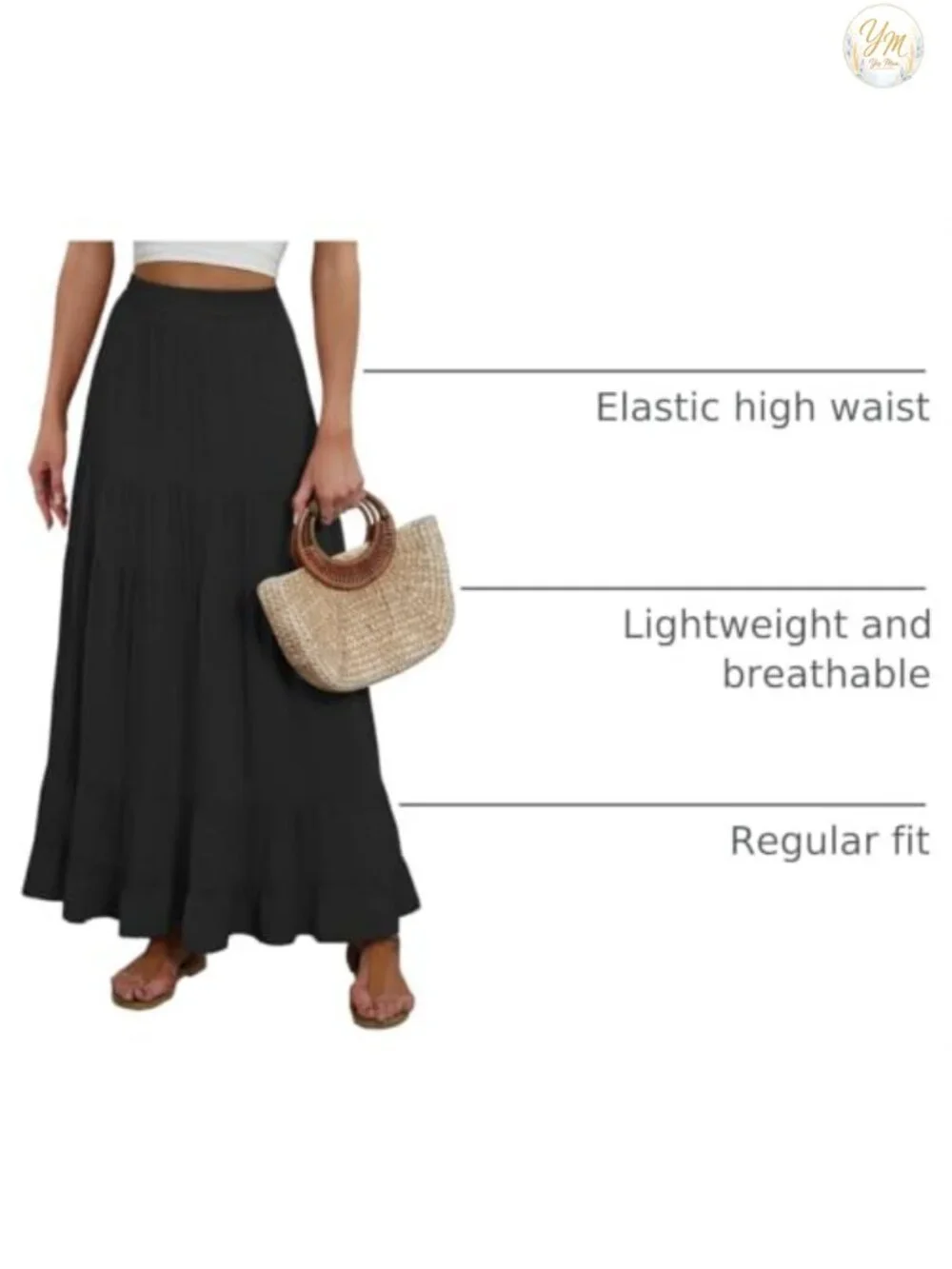 Womens Maxi Skirt Elastic High Waist Tiered A-Line Flowy Pleated Boho Beach